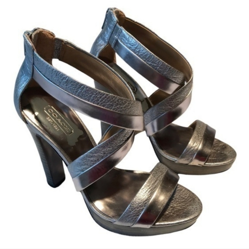 COACH BRYNN CUBA Platform Heels Leather Metallic Pewter 8.5